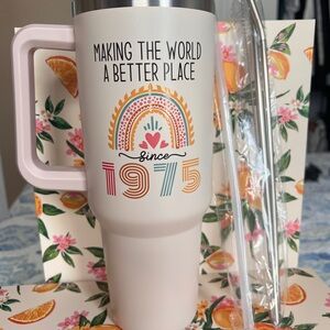 40oz. Insulated Tumbler w/ Handle Comes with Lid & 3 Straws, 50th Birthday, 1975